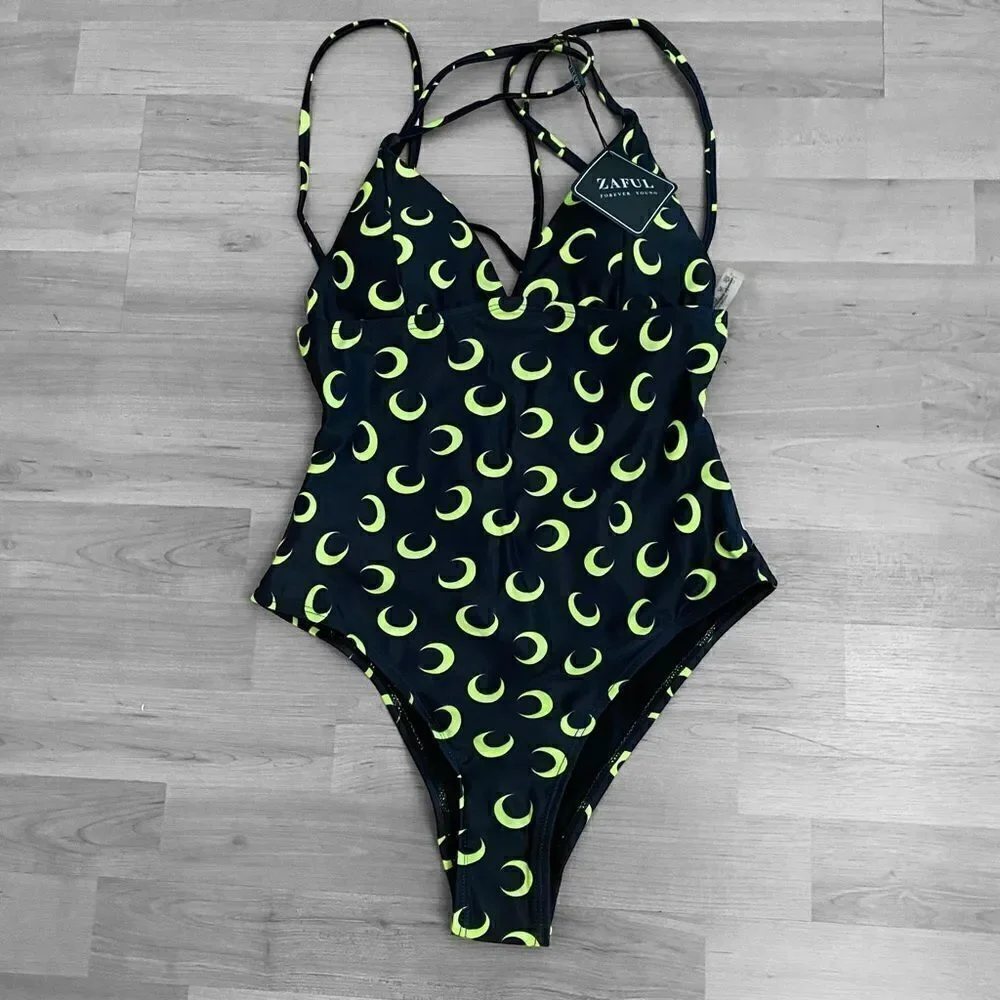 Zaful Swimsuit Black Neon Crescent Moon Size Small NEW With Tags
